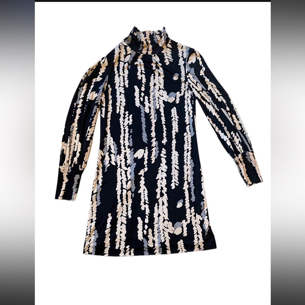 *Trina Turk* Black, Beige, & Grey Silk Printed Mini Mock Neck Dress Sz 2